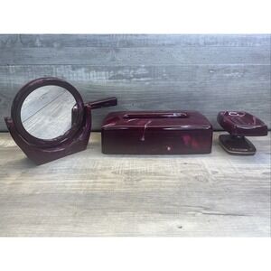 Wine Onyx Marbled Look Bathroom Set Tissue Holder Soap Dish Mirror  VTG Plastic